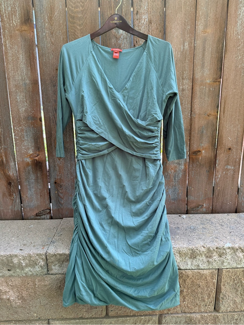 Sundance Sage Green 3/4 Sleeve Wrap Ruched Dress Size Large